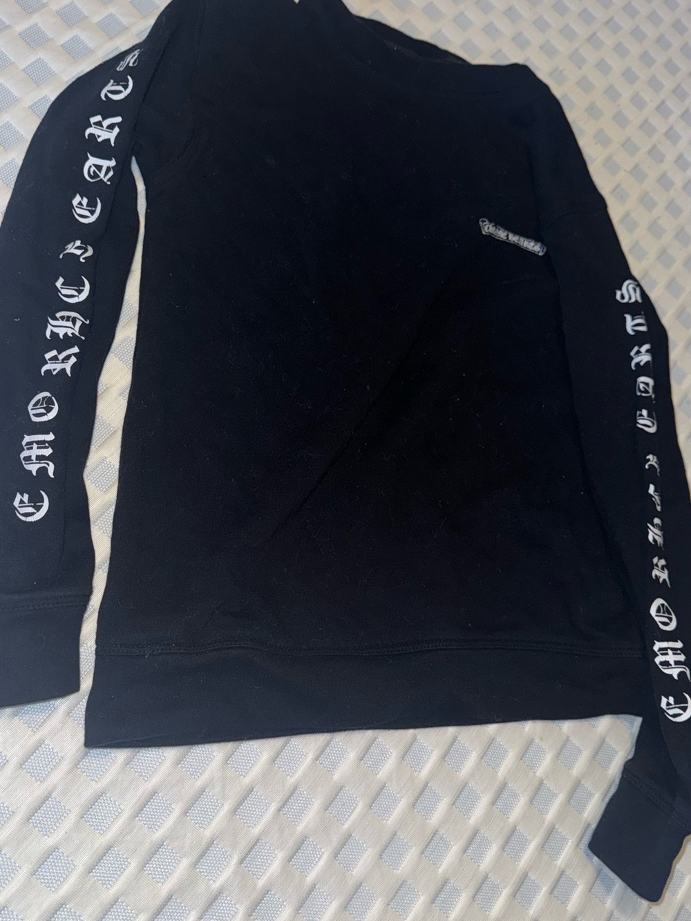 Black Long Sleeve chrome heart Sweatshirt with White designer Sleeve Text